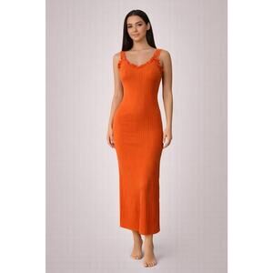 Haute Monde Womens Small Orange Ruffle Sleeveless Maxi Dress Side Slit Bodycon